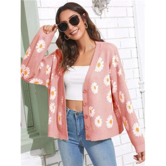 Women's Floral Print Cardigan Long Sleeve Open Front Button Down V Neck Knitted - Picture 2 of 5